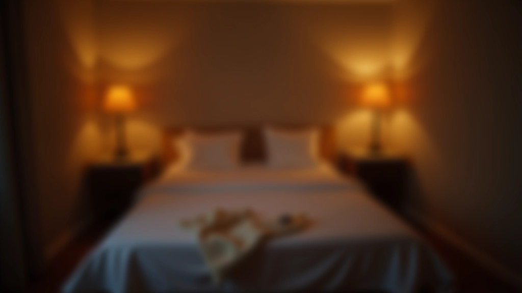 Quarto aconchegante à noite com luz morna, cama organizada e livro na mesinha de cabeceira