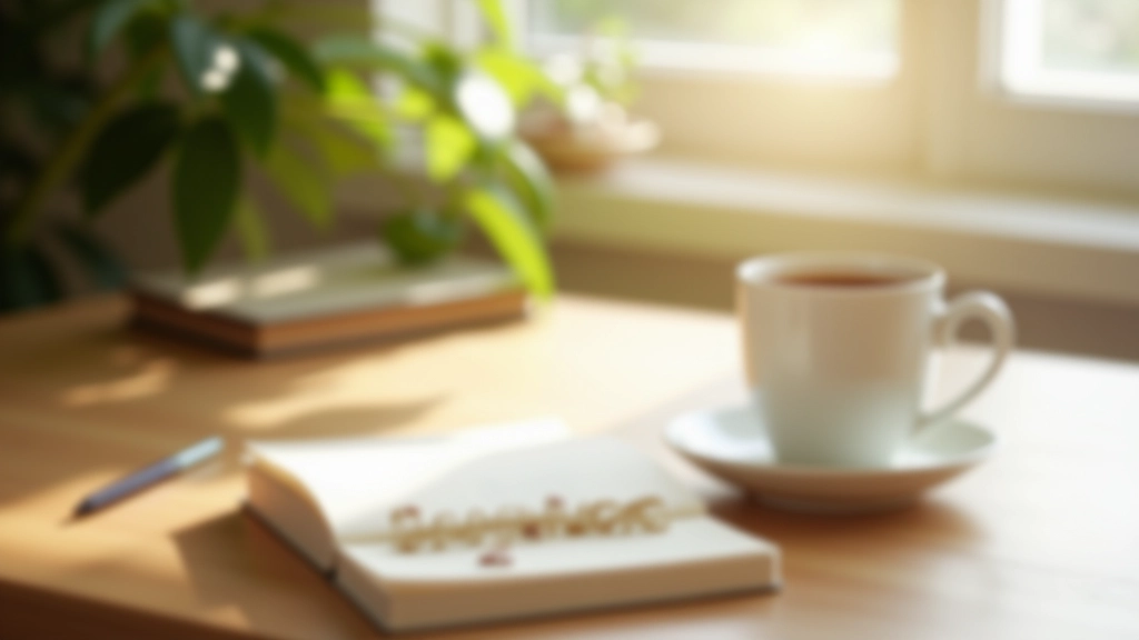 Xícara de café ao lado de diário aberto com planejamento matinal, janela com luz natural do amanhecer