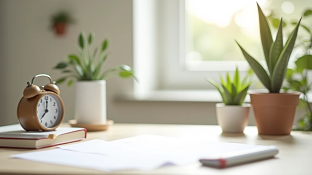 Espaço de trabalho organizado com relógio, plantas e tarefas listadas, representando rotinas positivas estruturadas