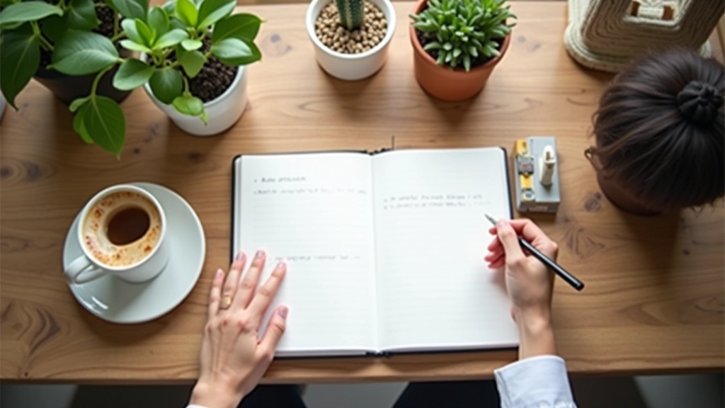 Pessoa escrevendo metas diárias num caderno aberto na mesa com café da manhã
