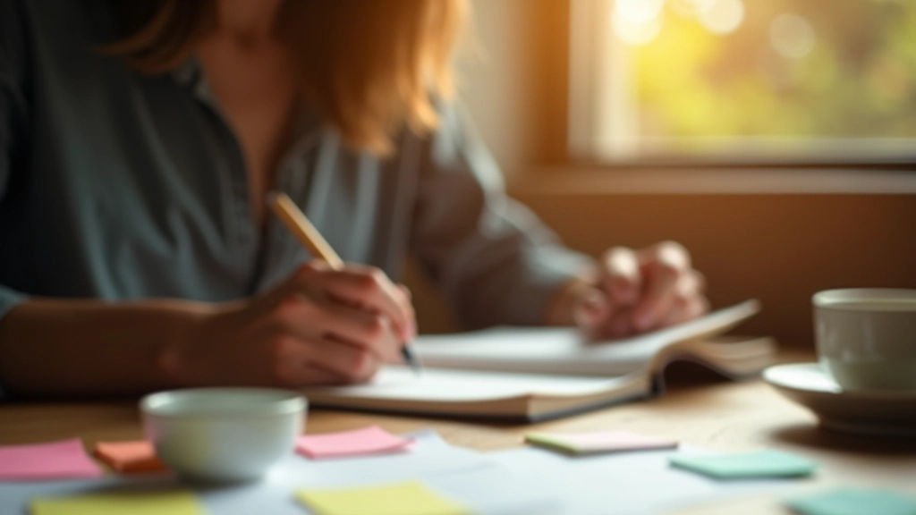 Pessoa escrevendo em diário com caneta, cercada por xícaras de chá e notas adesivas, mostrando organização e planejamento pessoal